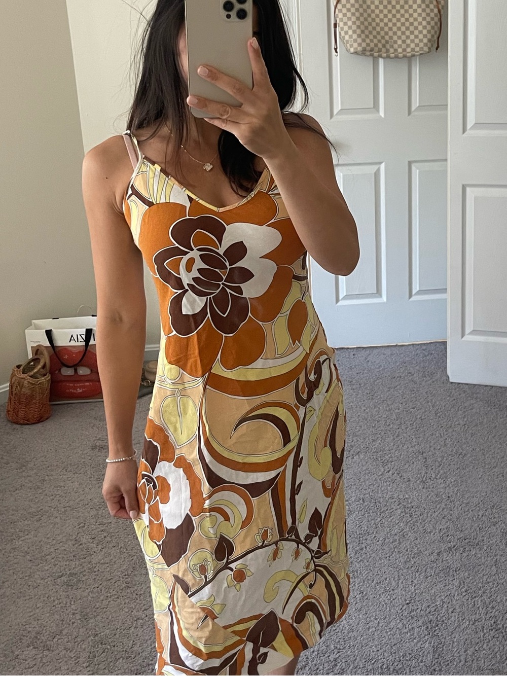 Aritzia Retro Floral Midi Slip Dress - Mustard/Brown/Cream